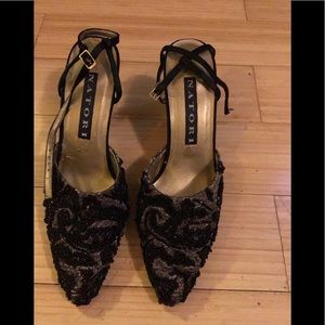Natori black and gold sequin heels